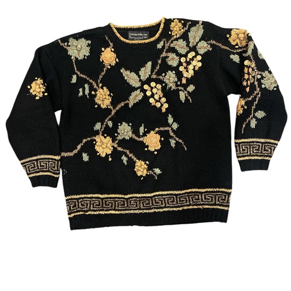 Carole Little M/L Black Wool Hand Knit Sweater Floral Coin Vintage 80s - Picture 2 of 8